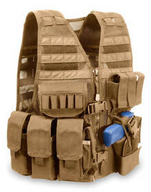 Elite Survival Systems Coyote Tan tactical vest with left side holster.